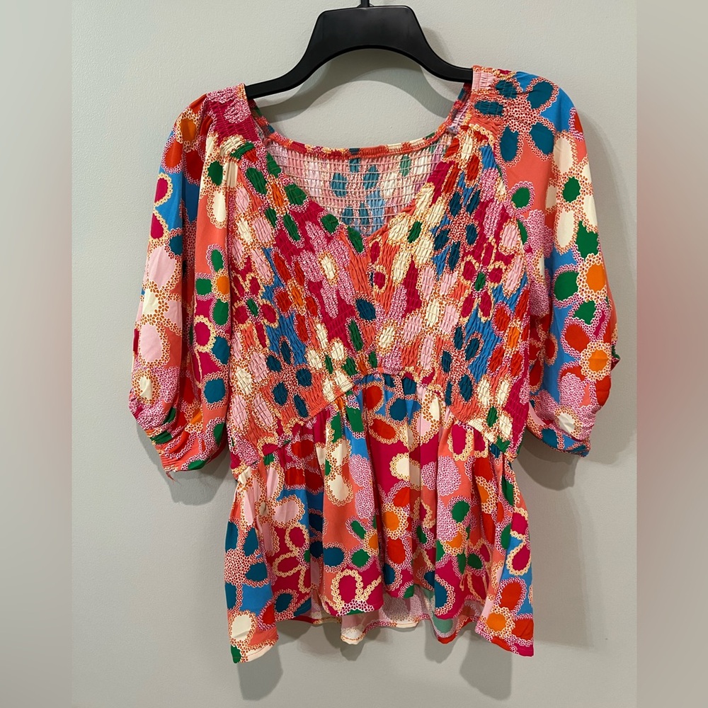 Dopamine Floral Smocked Blouse V Neck Puff Sleeve Peplum Top Size Large